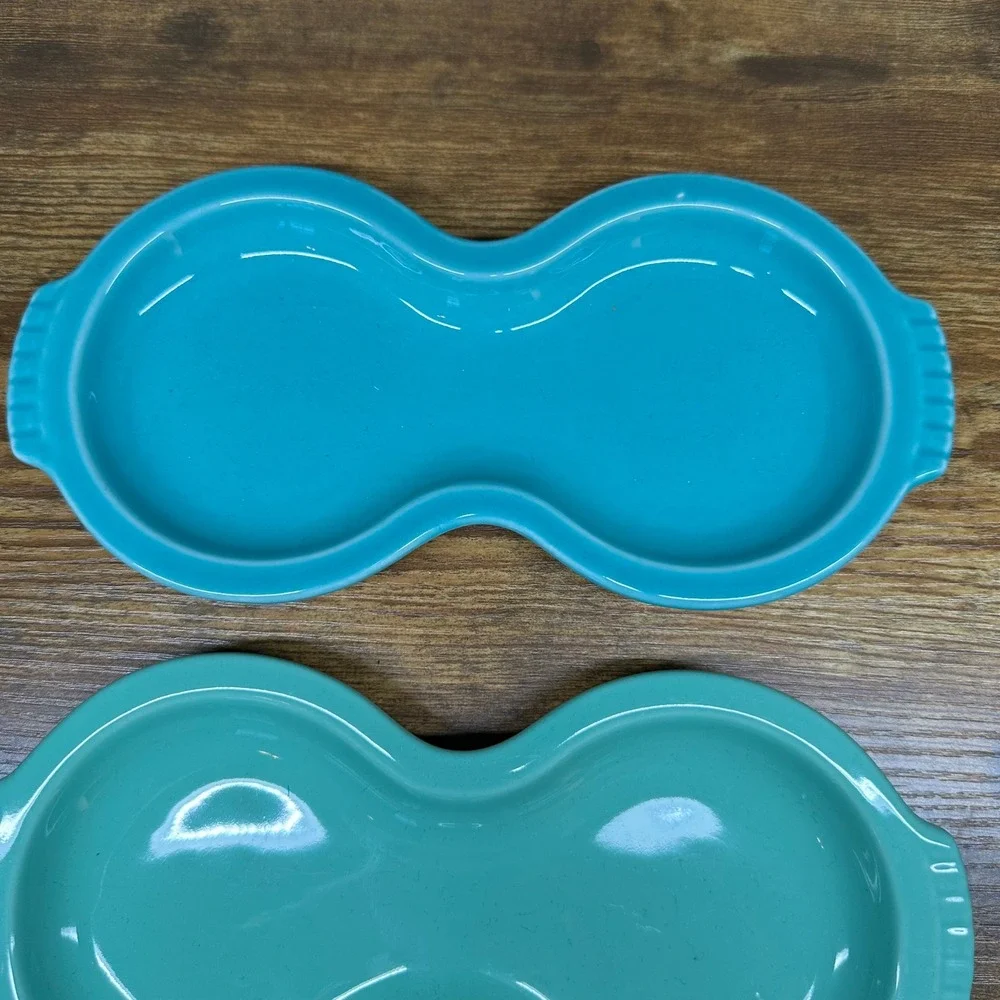 Fiesta HLC USA Figure 8 Relish Trays Set of 3 Blue Turquoise Yellow Ceramic Snac